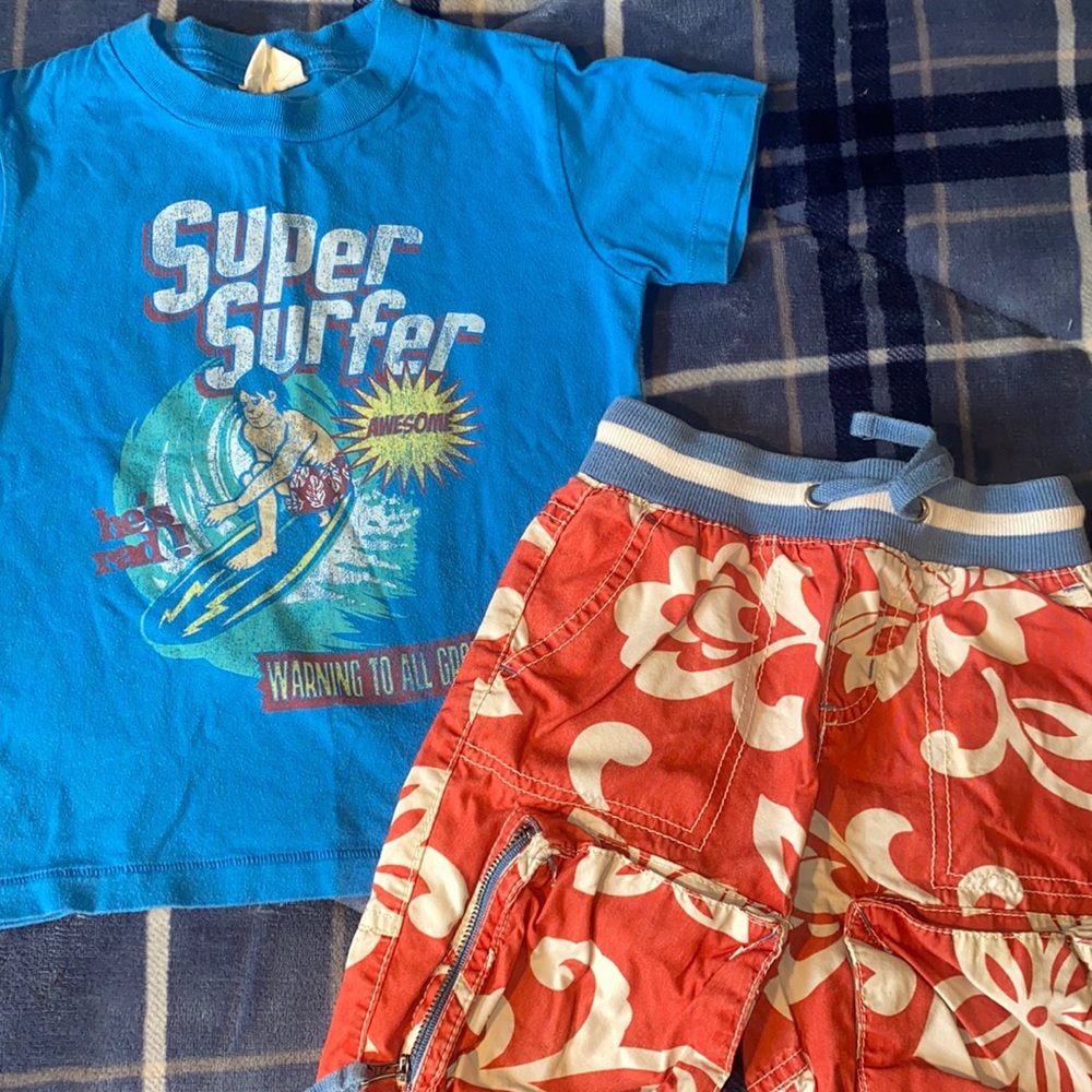 Boys Mini Boden surf sz 1 2 3 techno shorts shirt